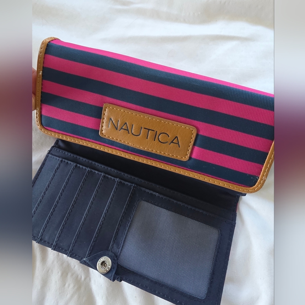 Vintage 90s Like New Nautica Pink and Blue Striped Women's 3 fold Wallet